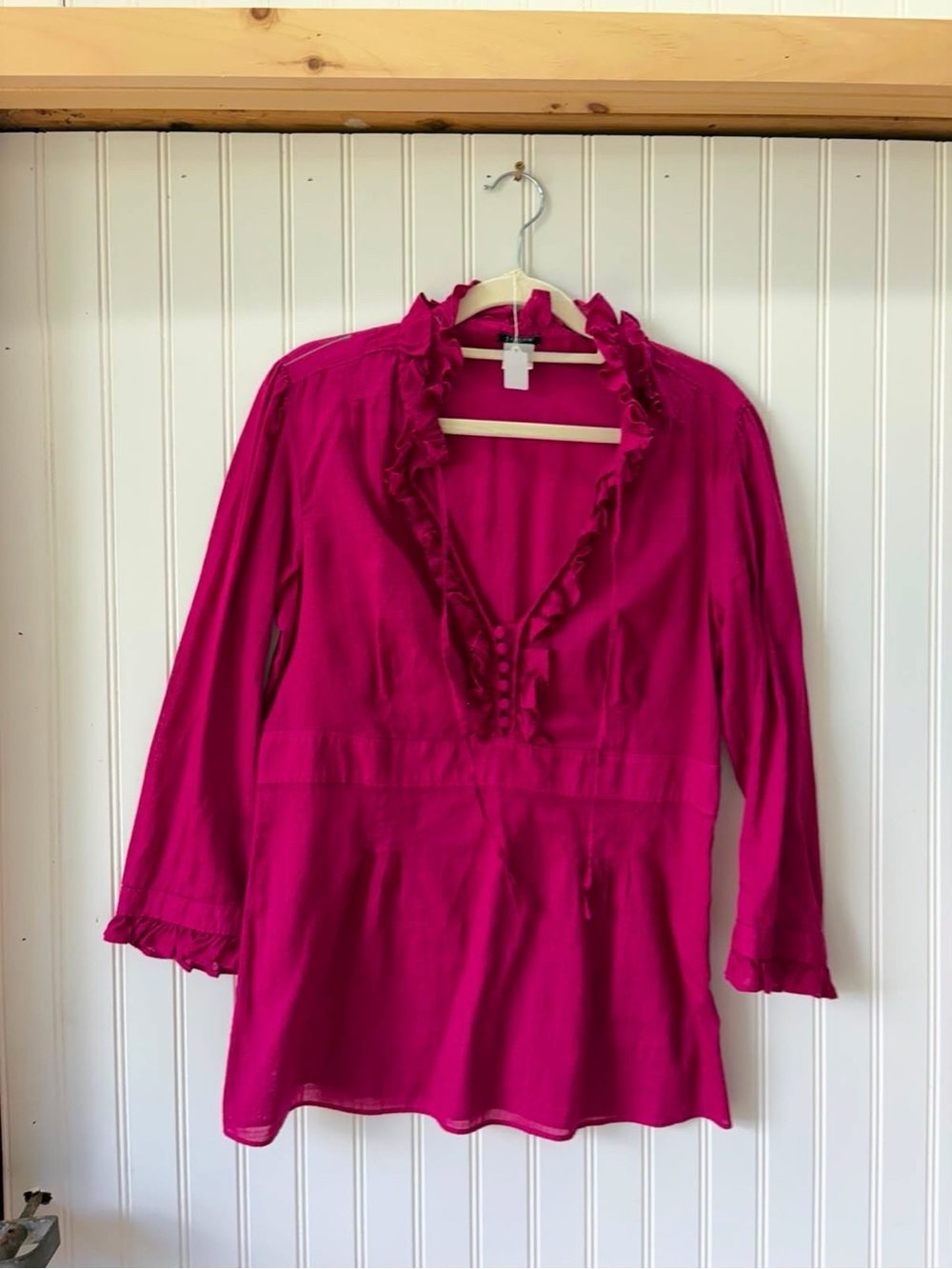 J. Crew cotton Ruffled tie V-Neck long sleeve bright colorful in Bright Fuchsia